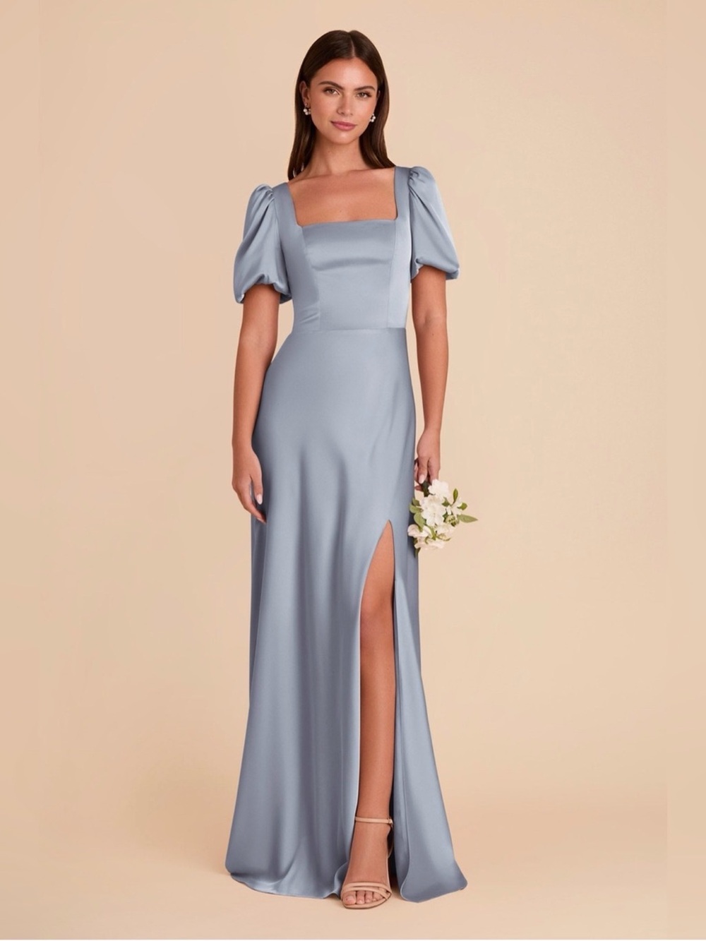 Birdy Grey Judy Satin Maxi Dress Dusty Blue Puff Sleeve Square Neck Bridesmaid M